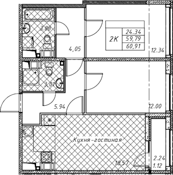 2-комнатная квартира 60.91 м², 12/12 эт., ЖК «Академик»