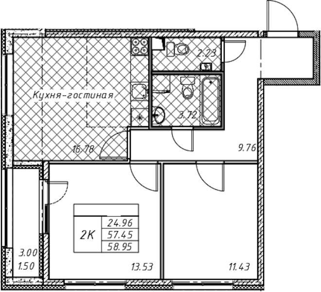 2-комнатная квартира 58.95 м², 1/12 эт., ЖК «Академик»
