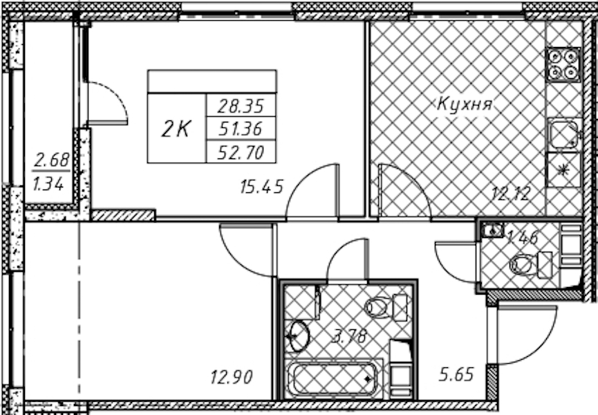 2-комнатная квартира 52.7 м², 3/12 эт., ЖК «Академик»