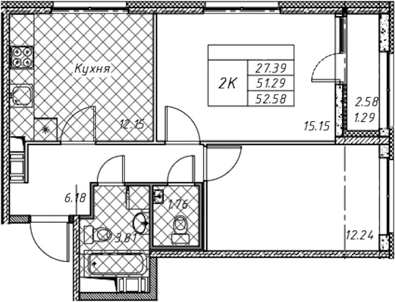 2-комнатная квартира 52.58 м², 3/12 эт., ЖК «Академик»