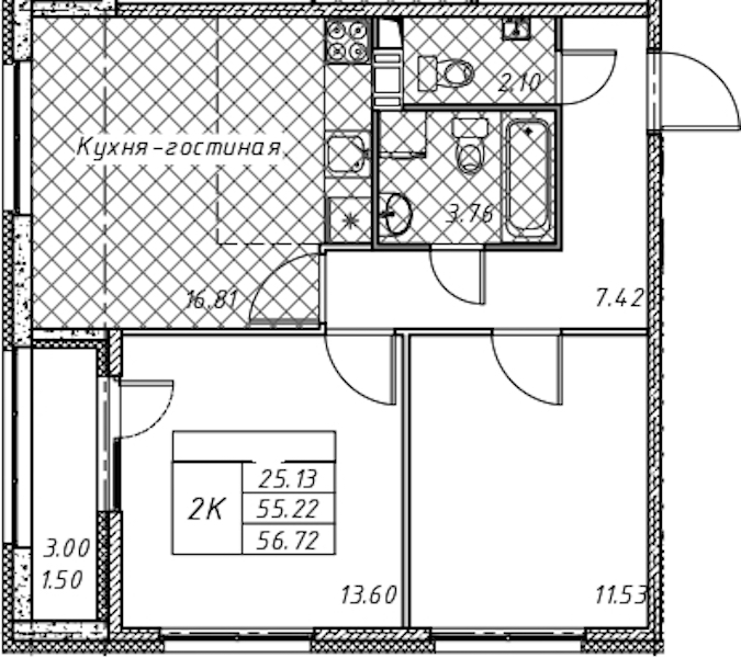 2-комнатная квартира 56.72 м², 4/12 эт., ЖК «Академик»