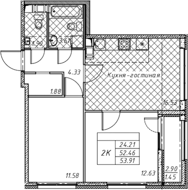 2-комнатная квартира 53.91 м², 4/12 эт., ЖК «Академик»