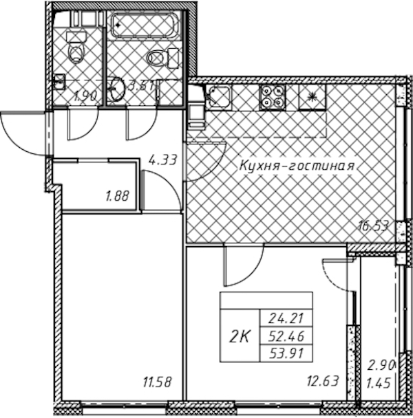 2-комнатная квартира 53.91 м², 7/12 эт., ЖК «Академик»