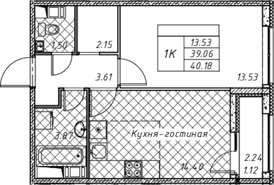 1-комнатная квартира 40.18 м², 7/12 эт., ЖК «Академик»