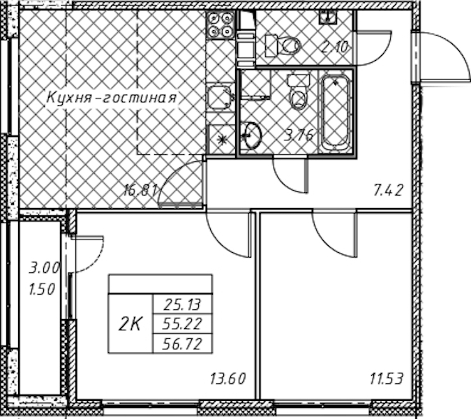 2-комнатная квартира 56.72 м², 8/12 эт., ЖК «Академик»