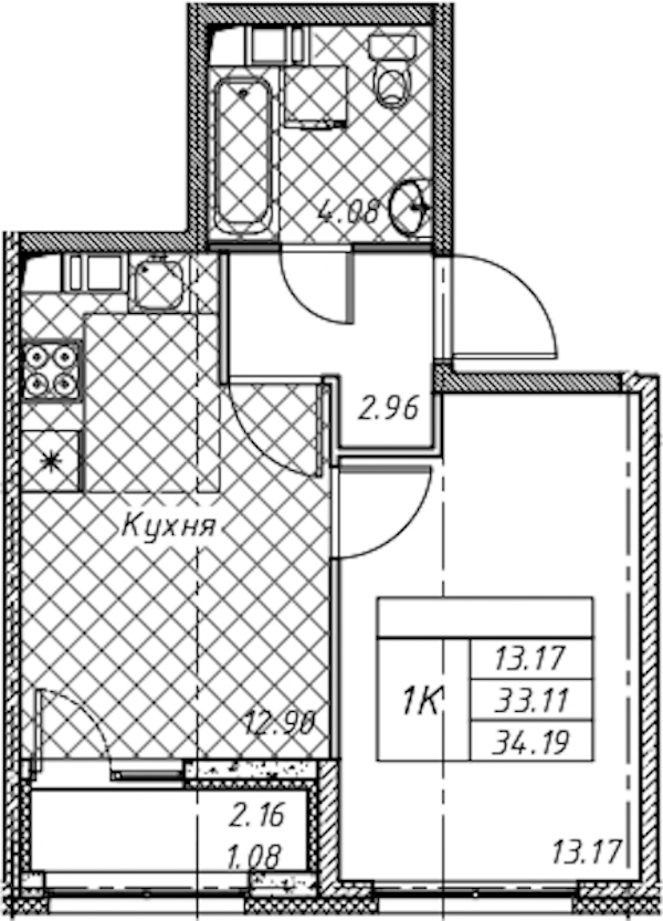 1-комнатная квартира 34.19 м², 9/12 эт., ЖК «Академик»
