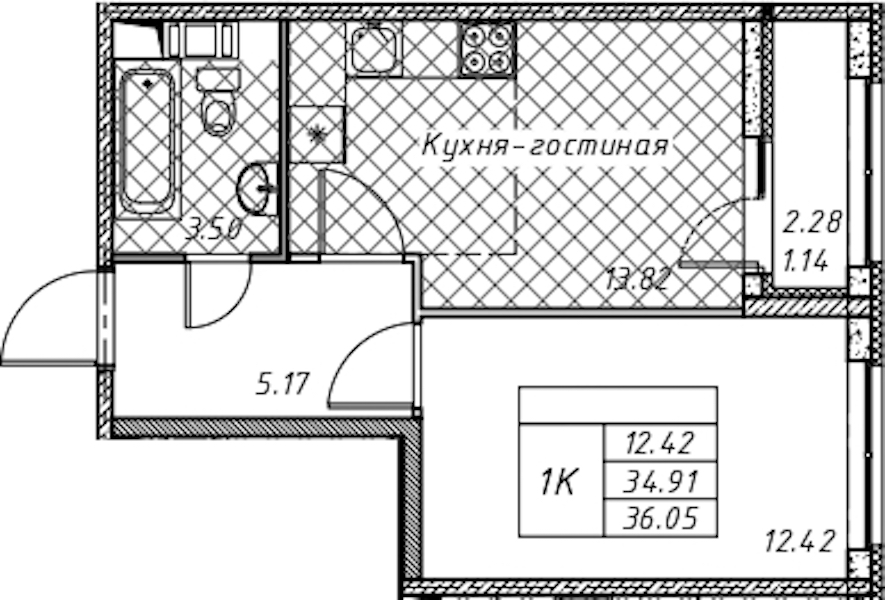 1-комнатная квартира 36.05 м², 9/12 эт., ЖК «Академик»