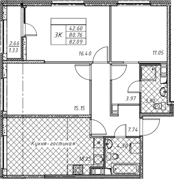 3-комнатная квартира 82.09 м², 10/12 эт., ЖК «Академик»