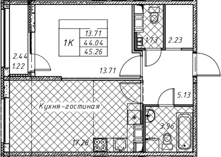 1-комнатная квартира 45.26 м², 10/12 эт., ЖК «Академик»