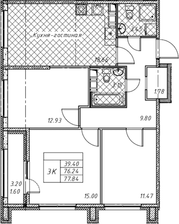 3-комнатная квартира 77.84 м², 10/12 эт., ЖК «Академик»
