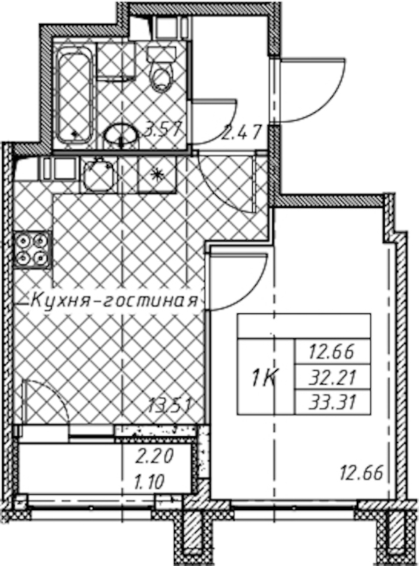 1-комнатная квартира 33.31 м², 10/12 эт., ЖК «Академик»