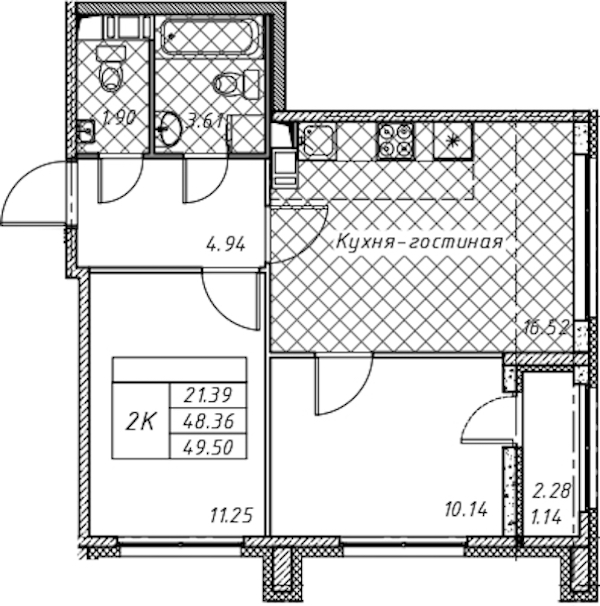 2-комнатная квартира 49.5 м², 10/12 эт., ЖК «Академик»