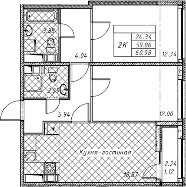 2-комнатная квартира 60.98 м², 10/12 эт., ЖК «Академик»