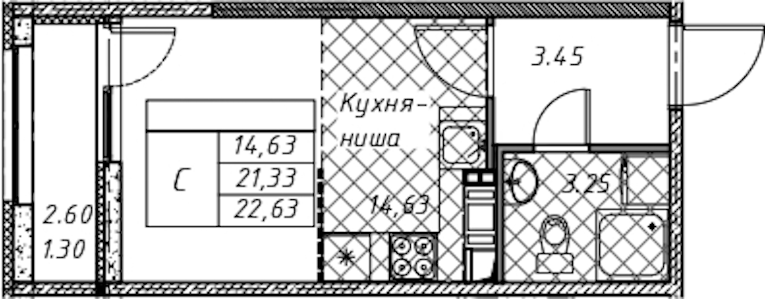 Квартира студия 22.63 м², 12/12 эт., ЖК «Академик»