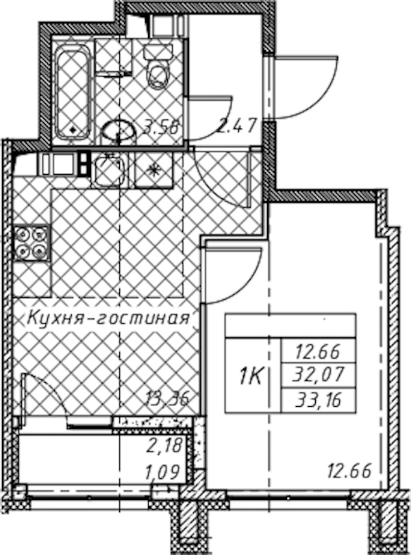 1-комнатная квартира 33.16 м², 12/12 эт., ЖК «Академик»