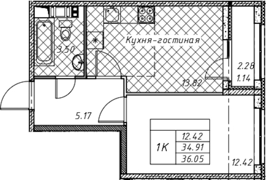 1-комнатная квартира 36.05 м², 12/12 эт., ЖК «Академик»