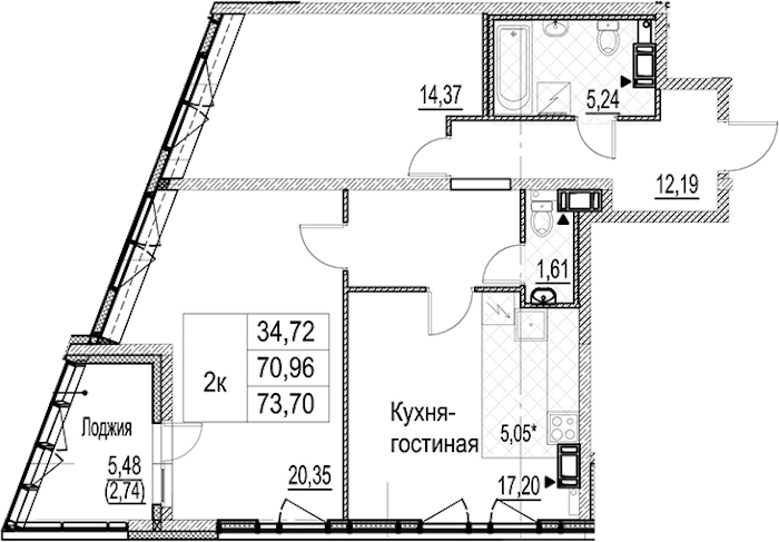 2-комнатная квартира 73.7 м², 11/17 эт., ЖК «Лайнеръ»