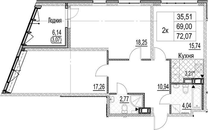 2-комнатная квартира 72.07 м², 11/17 эт., ЖК «Лайнеръ»