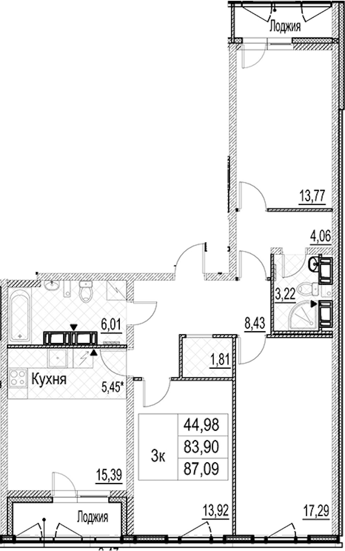 3-комнатная квартира 87.09 м², 12/17 эт., ЖК «Лайнеръ»