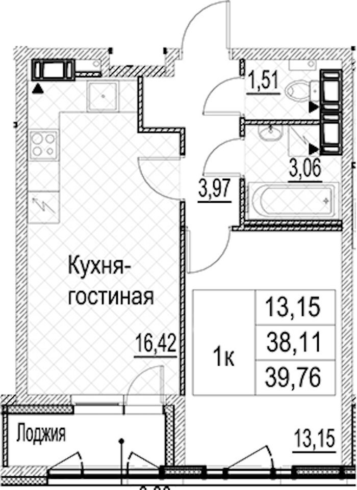 1-комнатная квартира 39.76 м², 12/17 эт., ЖК «Лайнеръ»