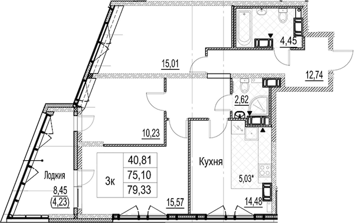 3-комнатная квартира 79.33 м², 12/17 эт., ЖК «Лайнеръ»