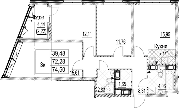3-комнатная квартира 74.5 м², 12/17 эт., ЖК «Лайнеръ»