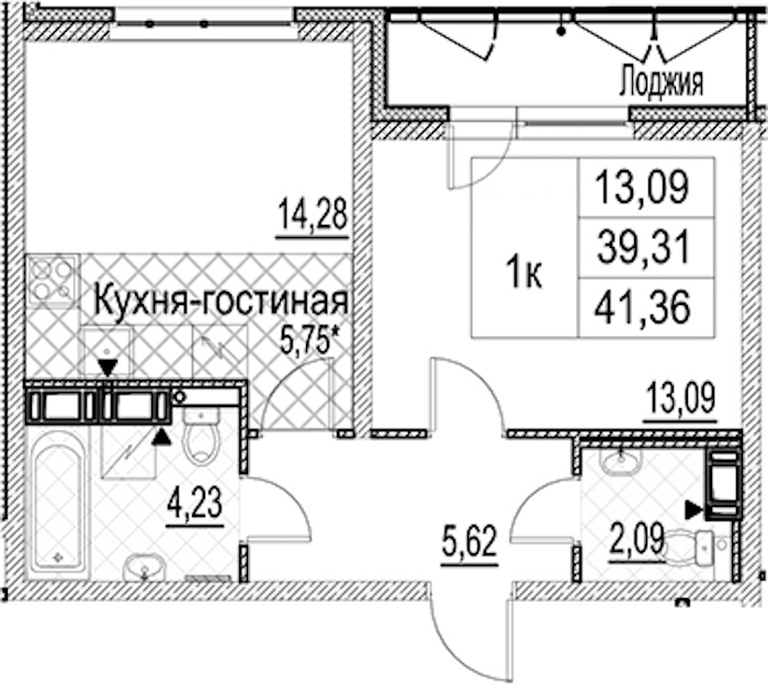 1-комнатная квартира 41.36 м², 13/17 эт., ЖК «Лайнеръ»