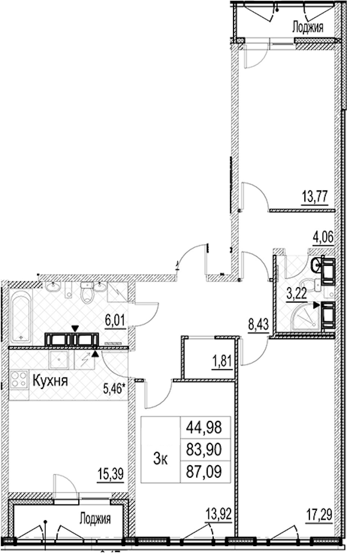 3-комнатная квартира 87.09 м², 13/17 эт., ЖК «Лайнеръ»