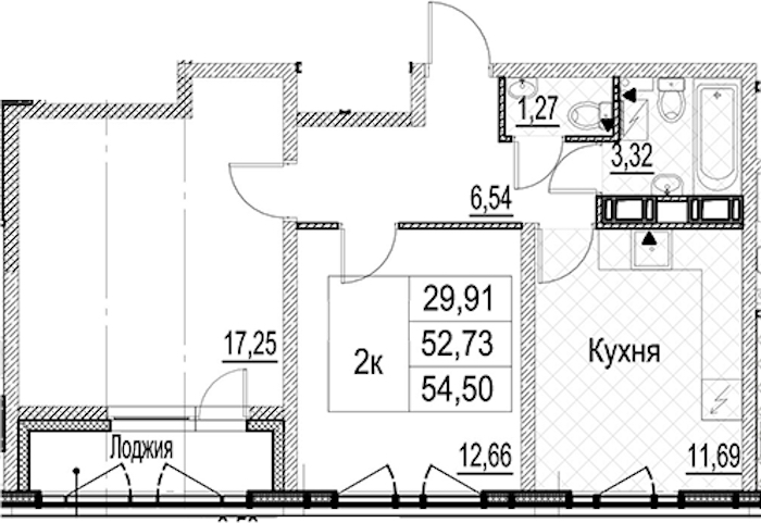 2-комнатная квартира 54.5 м², 13/17 эт., ЖК «Лайнеръ»