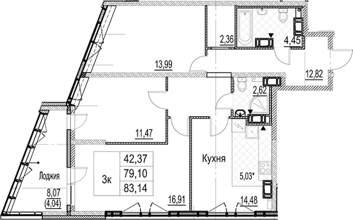 3-комнатная квартира 83.14 м², 13/17 эт., ЖК «Лайнеръ»