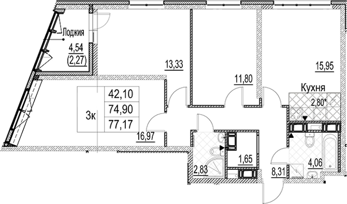 3-комнатная квартира 77.17 м², 13/17 эт., ЖК «Лайнеръ»