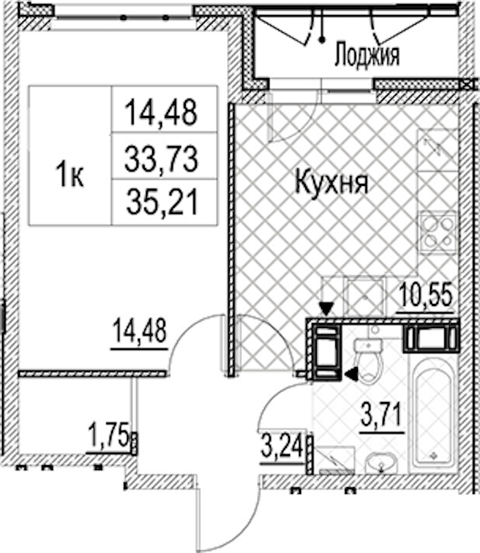 1-комнатная квартира 35.21 м², 13/17 эт., ЖК «Лайнеръ»