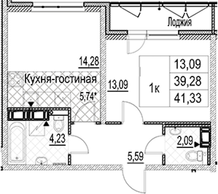 1-комнатная квартира 41.33 м², 14/17 эт., ЖК «Лайнеръ»