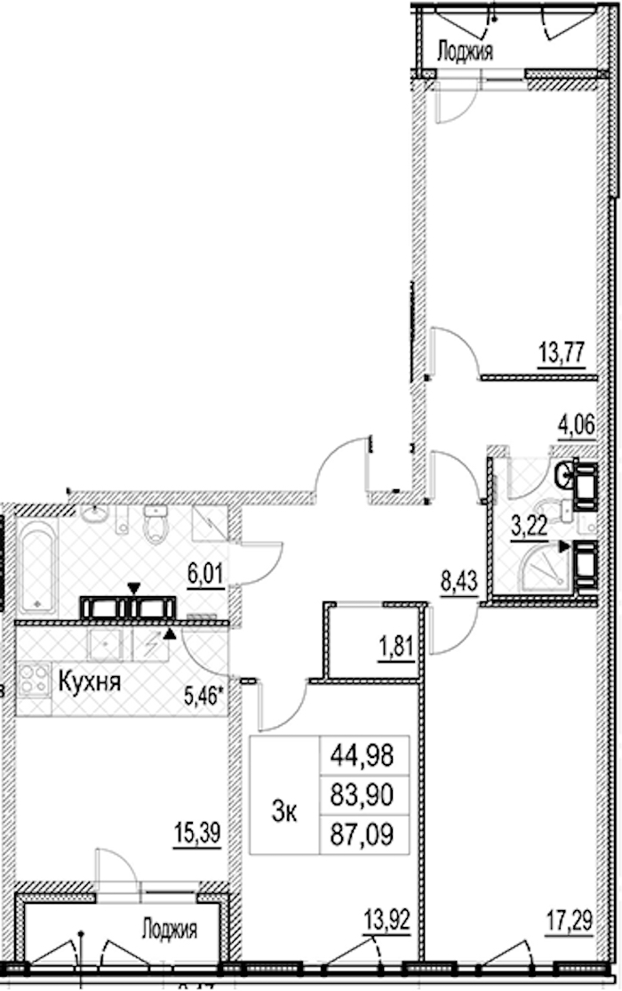 3-комнатная квартира 87.09 м², 14/17 эт., ЖК «Лайнеръ»