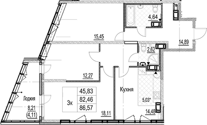 3-комнатная квартира 86.57 м², 14/17 эт., ЖК «Лайнеръ»