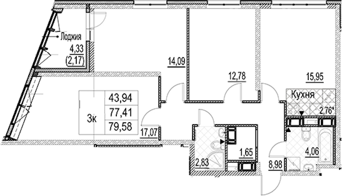 3-комнатная квартира 79.58 м², 14/17 эт., ЖК «Лайнеръ»