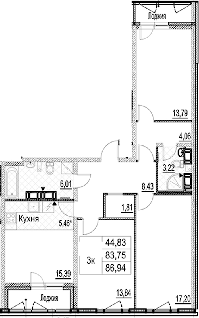 3-комнатная квартира 86.94 м², 15/17 эт., ЖК «Лайнеръ»
