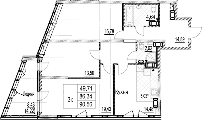 3-комнатная квартира 90.56 м², 15/17 эт., ЖК «Лайнеръ»