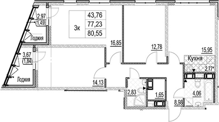 3-комнатная квартира 80.55 м², 15/17 эт., ЖК «Лайнеръ»