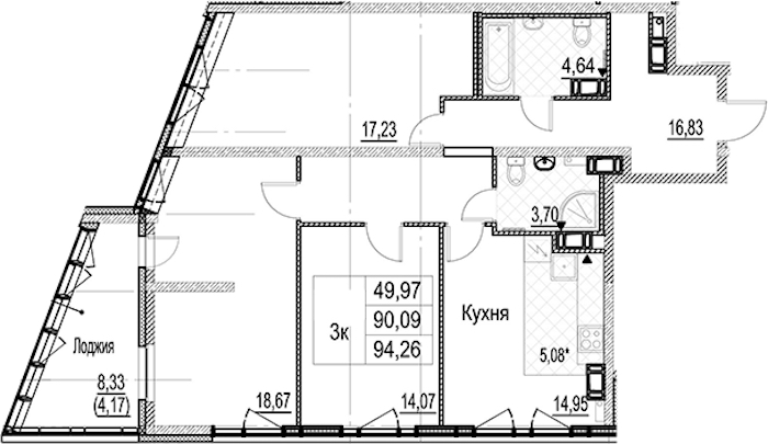 3-комнатная квартира 94.26 м², 16/17 эт., ЖК «Лайнеръ»