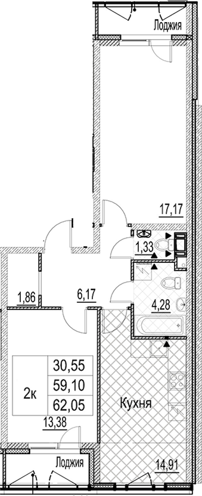 2-комнатная квартира 62.05 м², 3/17 эт., ЖК «Лайнеръ»