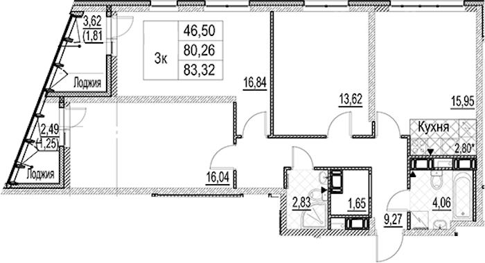 3-комнатная квартира 83.32 м², 16/17 эт., ЖК «Лайнеръ»
