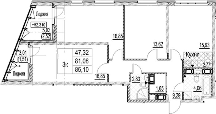 3-комнатная квартира 85.1 м², 17/17 эт., ЖК «Лайнеръ»