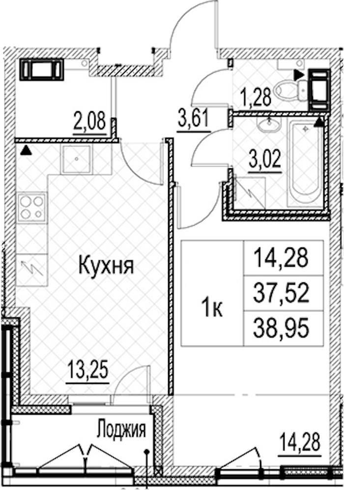 1-комнатная квартира 38.95 м², 3/17 эт., ЖК «Лайнеръ»