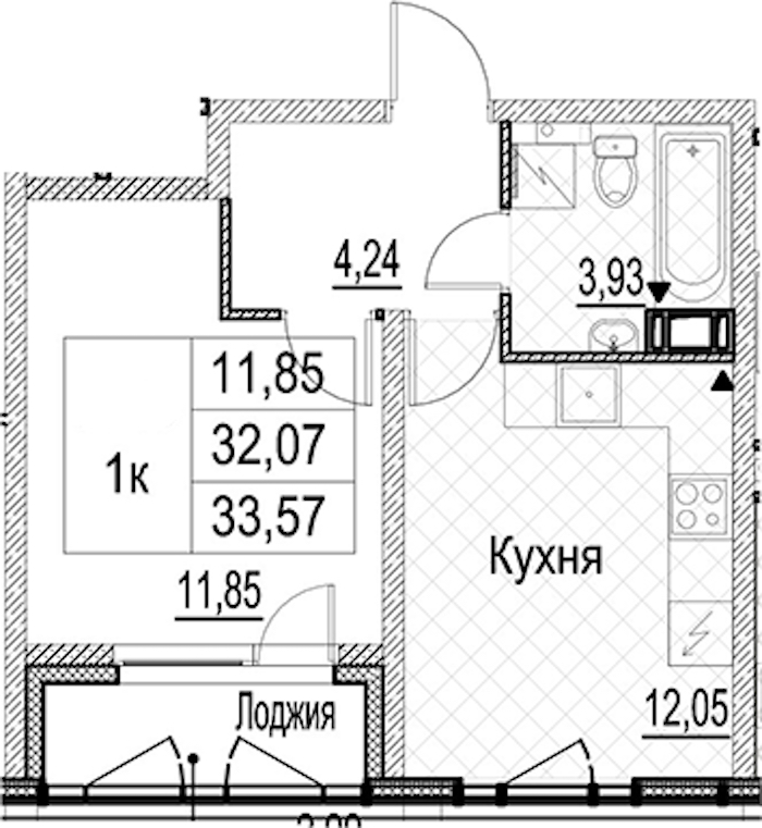 1-комнатная квартира 33.57 м², 3/17 эт., ЖК «Лайнеръ»