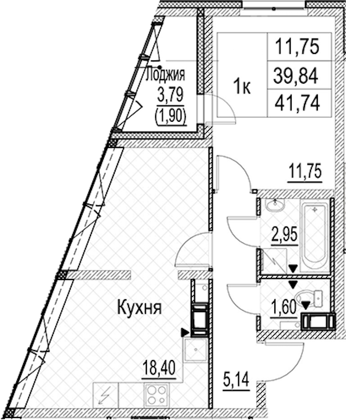 1-комнатная квартира 41.74 м², 3/17 эт., ЖК «Лайнеръ»
