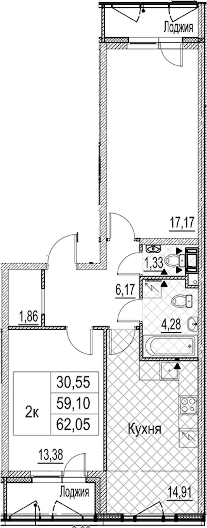 2-комнатная квартира 62.05 м², 4/17 эт., ЖК «Лайнеръ»