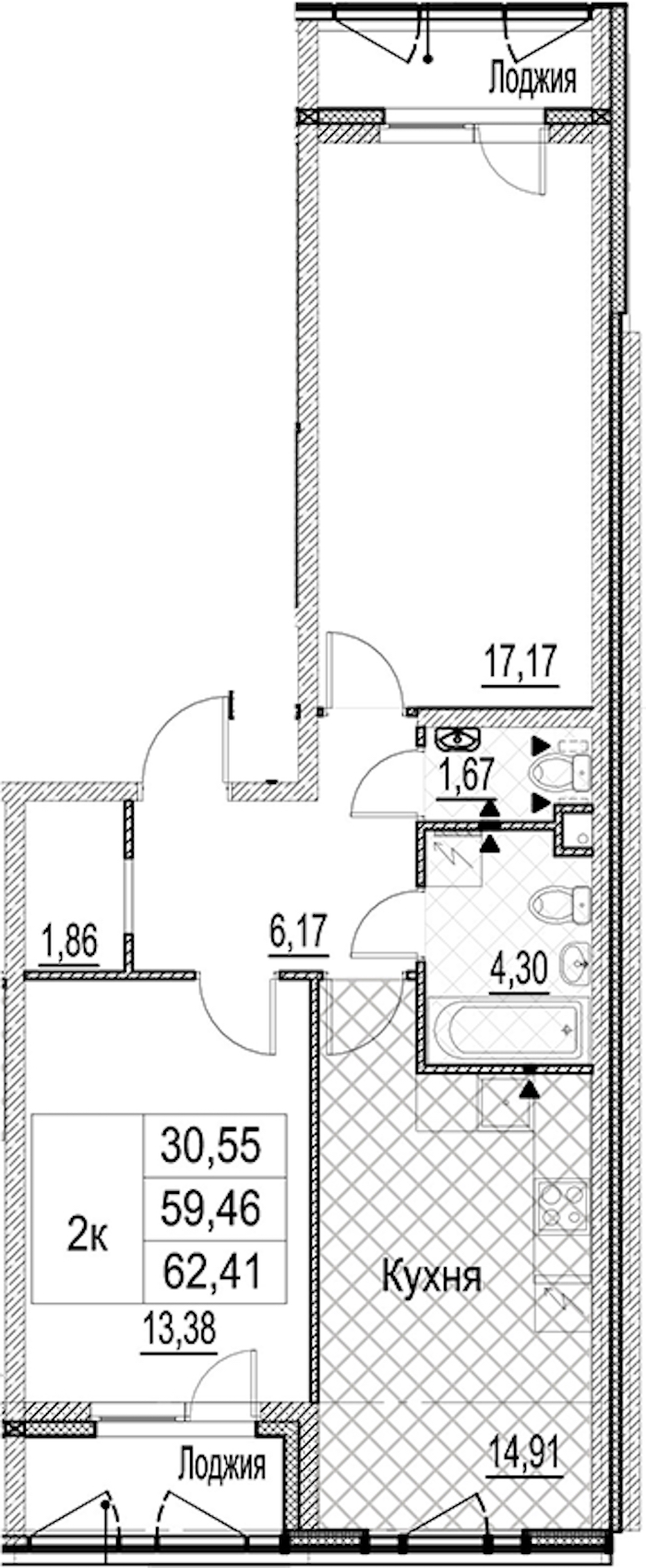 2-комнатная квартира 62.41 м², 2/17 эт., ЖК «Лайнеръ»