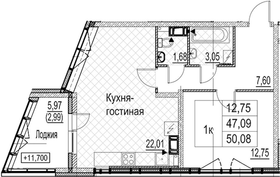 1-комнатная квартира 50.08 м², 4/17 эт., ЖК «Лайнеръ»