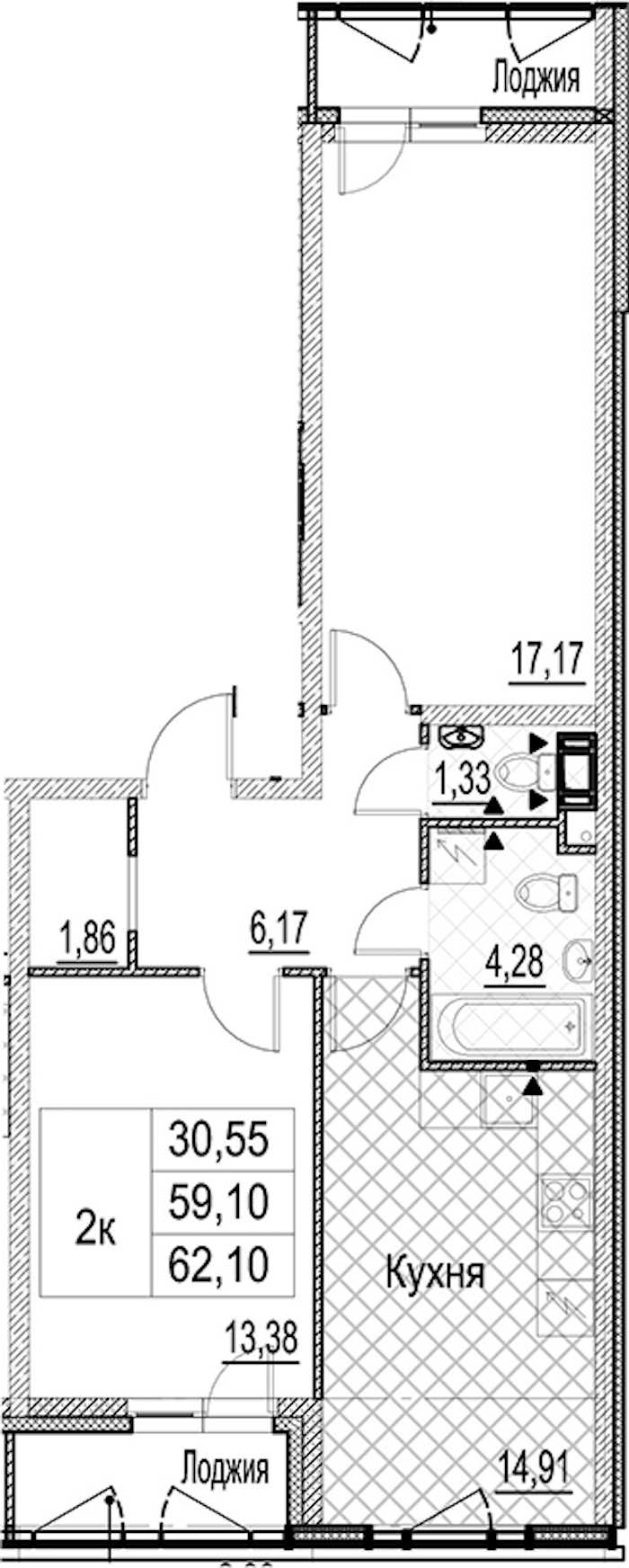 2-комнатная квартира 62.1 м², 5/17 эт., ЖК «Лайнеръ»